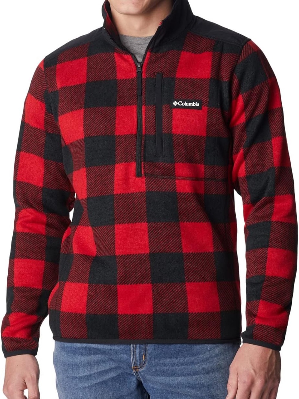Men’s Columbia Red & Black Buffalo Plaid Half Zip Fleece Pullover Size Small